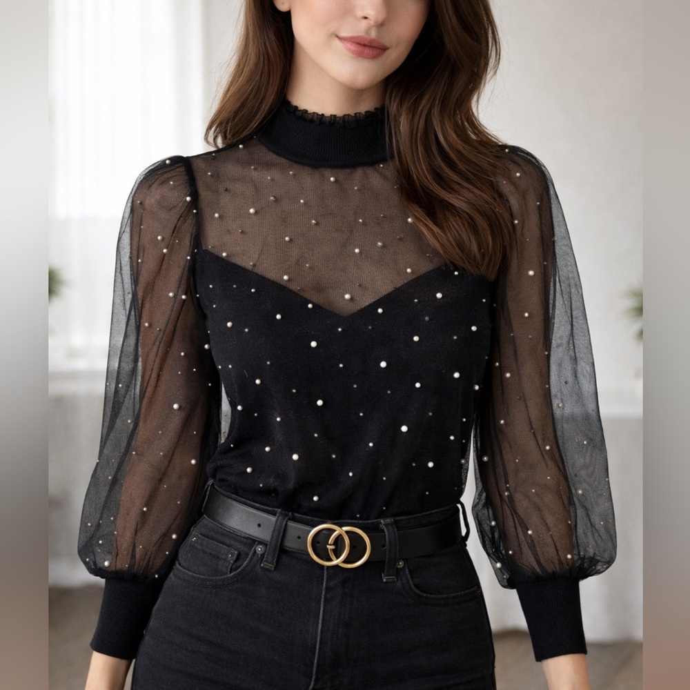 Forever 21 Women’s Sheer Black Pearl-Embellished Puff Sleeve Top Size S